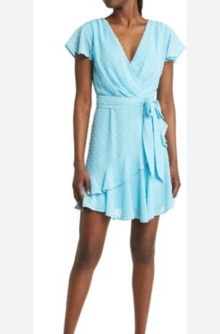 Chelsea 28 Faux Wrap Mini Dress Flutter Sleeves Belted V-Neck Lined Blue S NWOT